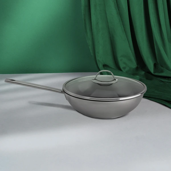 Wok Ø 28 cm so sklenenou pokrievkou a keramickým povrchom — Orion Inox s CNS Profi rúčkami