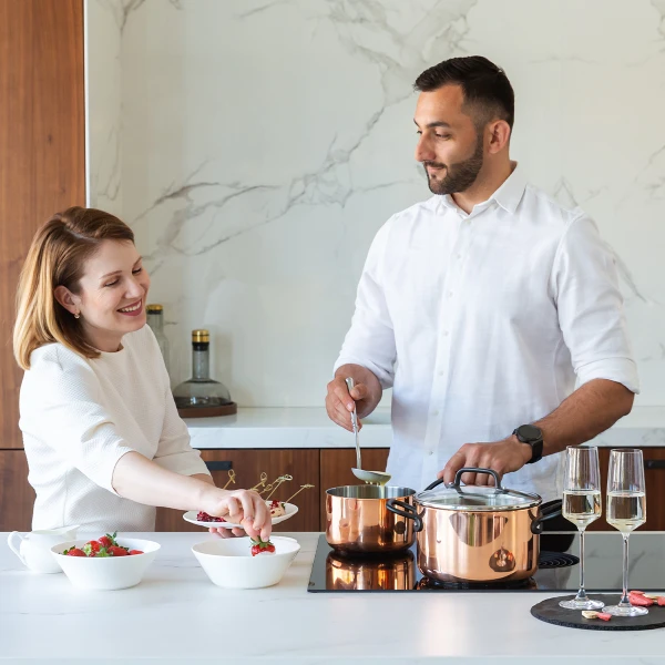 Saucepan ø 20 cm H: 12 cm, 3.7 l, with glass lid — Sirius GAYA Copper Triply Inox mit Profigriffen